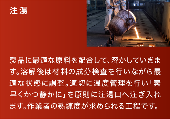 注湯|製品に最適な原料を配合して、溶かしていきます。溶解後は材料の成分検査を行いながら最適な状態に調整。適切に温度管理を行い「素早くかつ静かに」を原則に注湯口へ注ぎ入れます。作業者の熟練度が求められる工程です。
